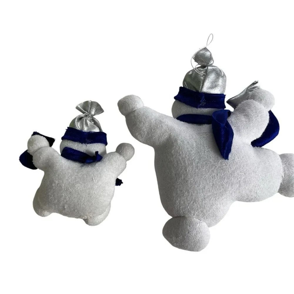 2 Hanging Stuffed Snowmen Blue White Chubby Soft Snowflake Christmas Tree Noel